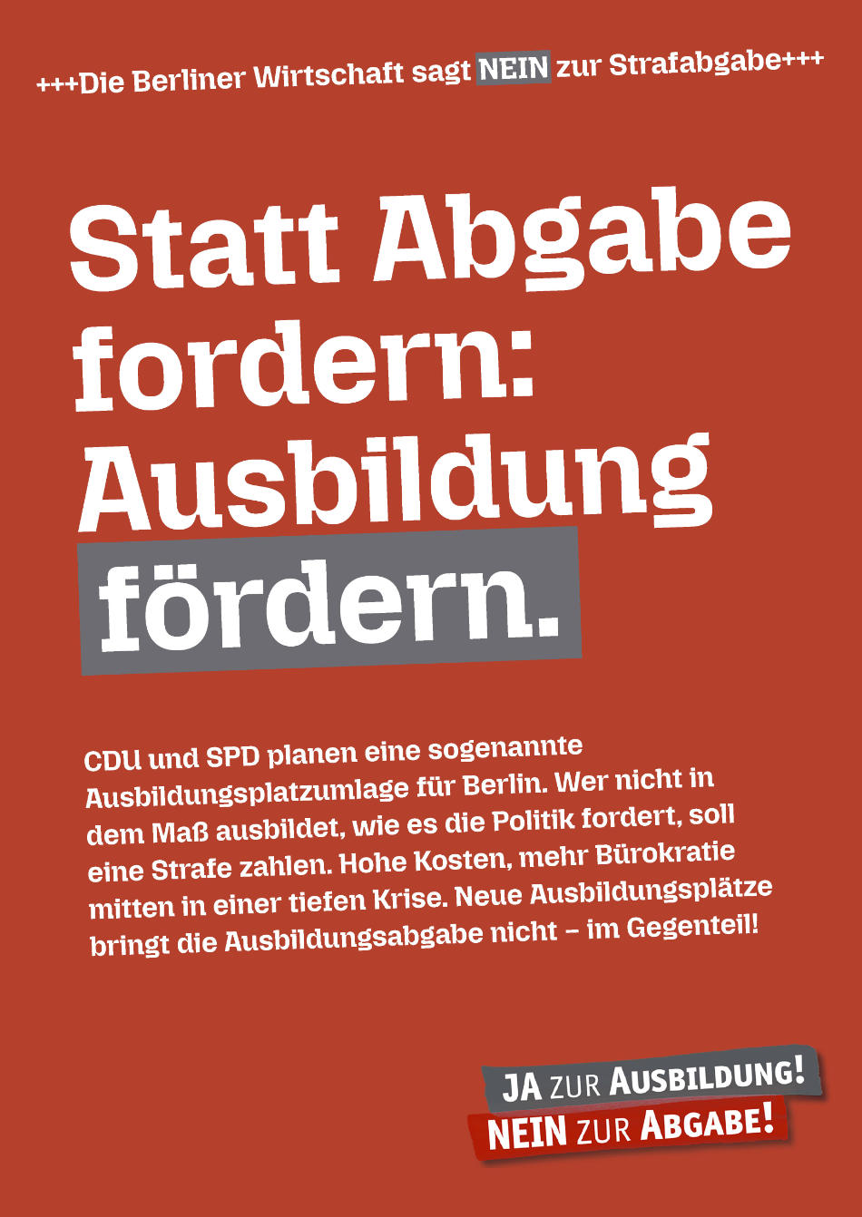 Plakat zur Ausbildungsplatzabgabe